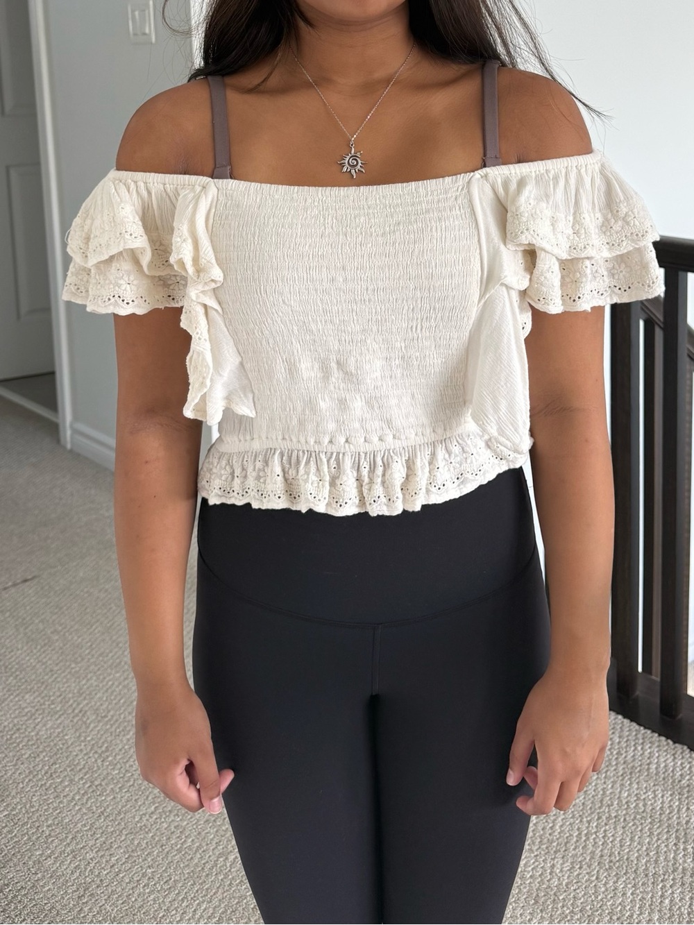 Crochet Cream Ruffled Off-Shoulder top - Picture 6 of 7